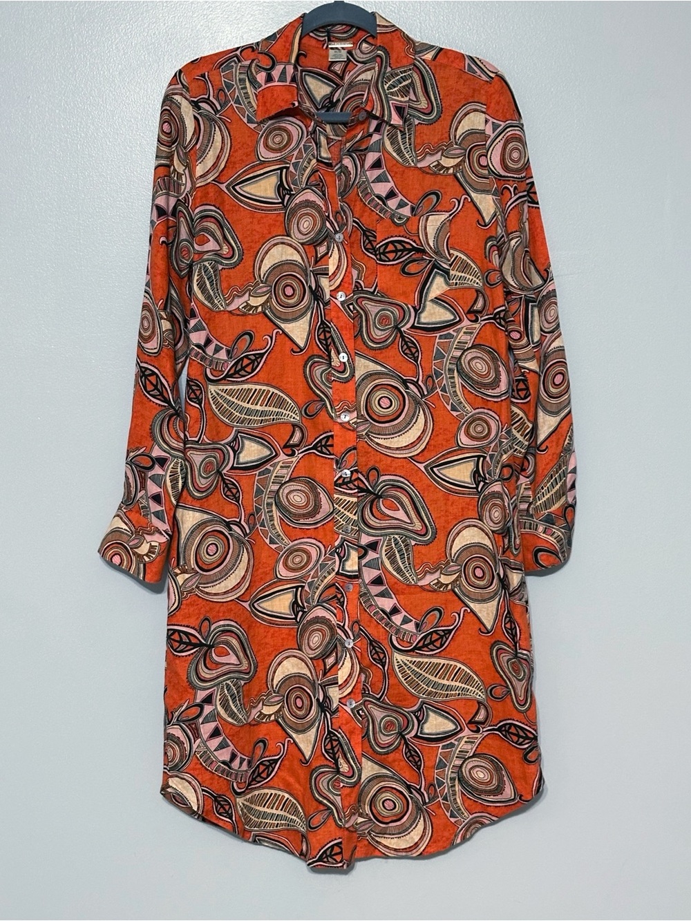Magaschoni Zentangle Printer Linen Shirt Dress Tab Sleeves Size Medium